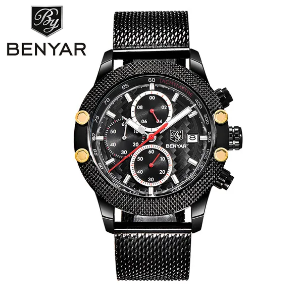 BENYAR часы Мужские Спортивные Хронограф модные часы мужские сетчатый резиновый ремешок водонепроницаемые повседневные кварцевые часы золотые Saat - Цвет: Black Red