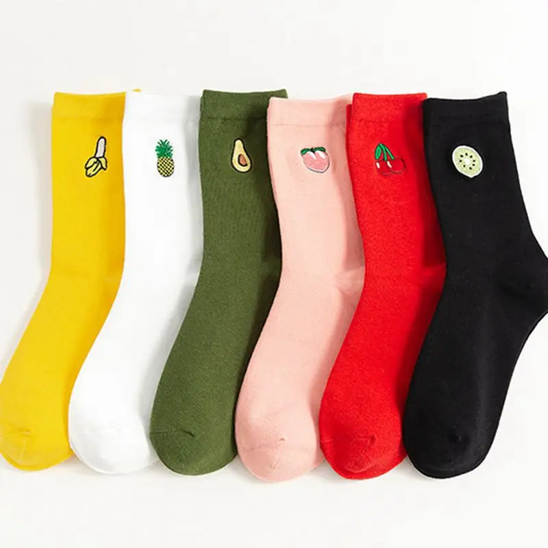 Women's Socks Solid Color Personalized Fruit Embroidery Autumn and
