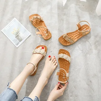 

Large size sandals female 41-43 Summer 2020 all-match one character with flat bottom fairy anti-skid large fat feet women's