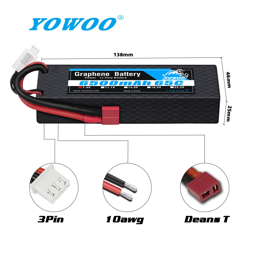 1/2 упаковок YOWOO графеновая батарея 2S 7 4 В 6500 мАч 65C Lipo аккумулятор твердый корпус с