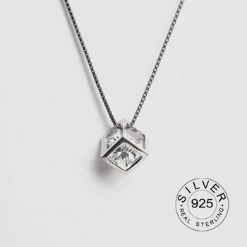 

925 Sterling Silver Jewelry Three-Dimensional Cube Crystal Pendant Box Necklace Trend Women Simple Clavicle Chain