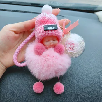 

Rabbit Fur Fluffy Pom Pom Key Chains Cute Sleeping Baby Doll Pompoms Fur Key Ring Holder Furry for Woman Bag Keychain Porte Clef