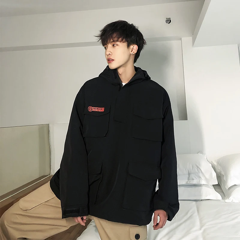 

2019 Autumn And Winter Men's New Casual Solid Color Letter Print Pocket Decoration Hooded Jacket Loose Temperament Trend Cotton