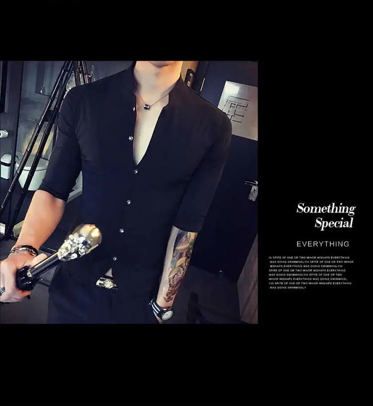 Camisa de estilo chino de cuello alto para hombres ropa de Corea de ajuste delgado para hombres de media manga