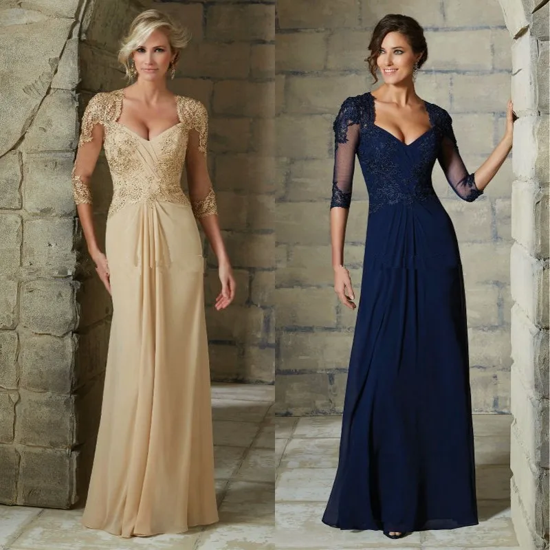 

Long Chiffon Mother Of The Bride Dresses 2020 Lace Applique Wedding Party Gown Half Sleeve Custom Made Robe Mere De La Mariee