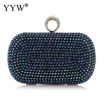 

Women Blue Crystal Beaded Evening Bag Prom Cocktail Party Wedding Engagement Clutch Purse Women Rhinestone Purse Ring Handbag