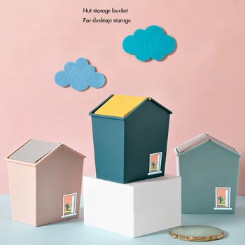 

House Style Plastic Trash Can Wastebasket Garbage Container Bin with Swing Lid, for Bathroom, Kitchen, Office 13.5x10x15.8cm