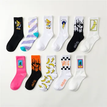 

New Arrival Men Happy socks Cute Cartoon Fruits Banana Avocado Black White flame novelty Cotton cycling skateboard Socks