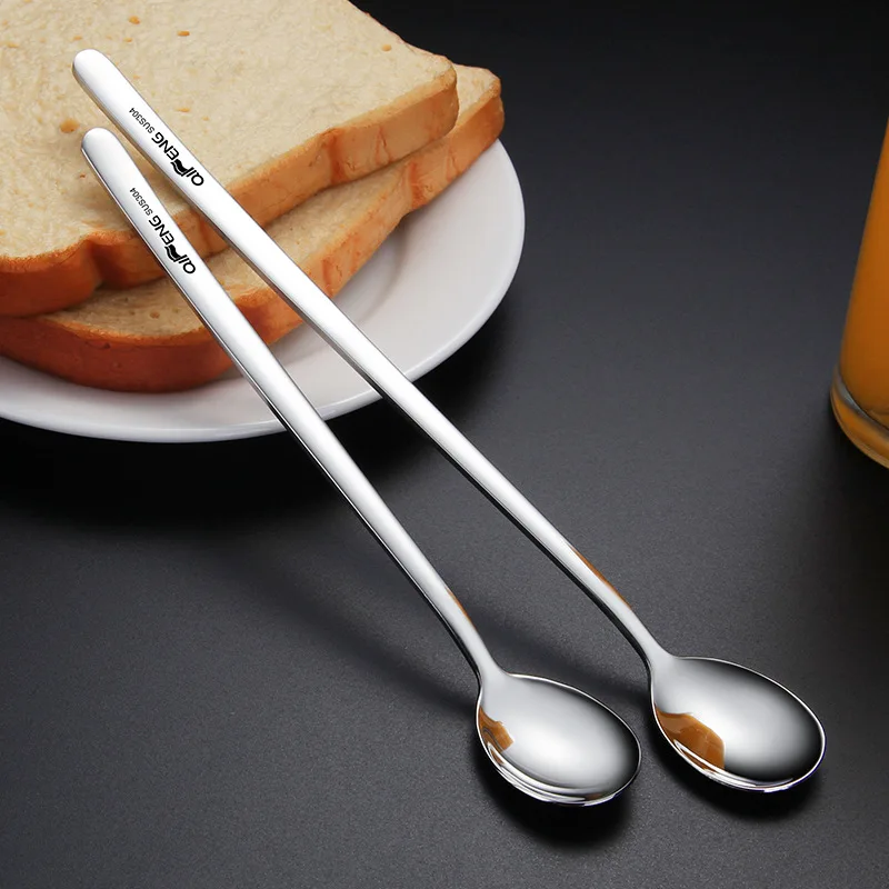 QF 304 Stainless Steel Ice Spoon Solid Long Handle Korean Style Stirring Spoon Customizable Logo