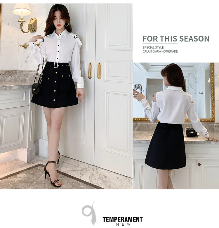 H Han Queen Single-breasted Turn-down Collar White Shirts Women Autumn New OL Work Wear Shirt Business Cold Shoulder Blouse