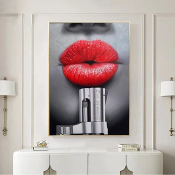 

SELFLESSLY Canvas Art Red Lips With Gun Posters and Prints Wall Pictures For Living Room Modern Wall Art Decorative Painting
