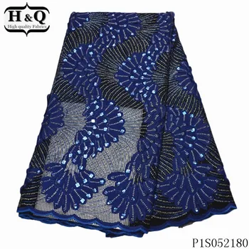 

H&Q blue embroidery sequin lace fabric 2020 high quality african tulle laces french net nigerian fabrics with stones for dress