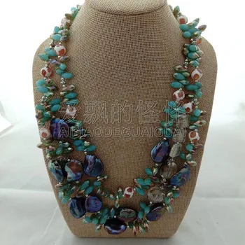 

N070177 19'' 3 Rows Black Keshi Pearl Crystal Necklace