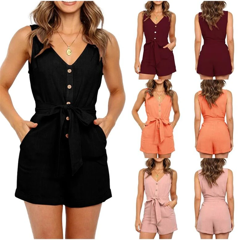 Venta Mono informal para mujer, con hombros descubiertos, túnica, rosa, negro, sólido, verano, elegante, corto, mono 2020, mono para mujer QLXKdVr87