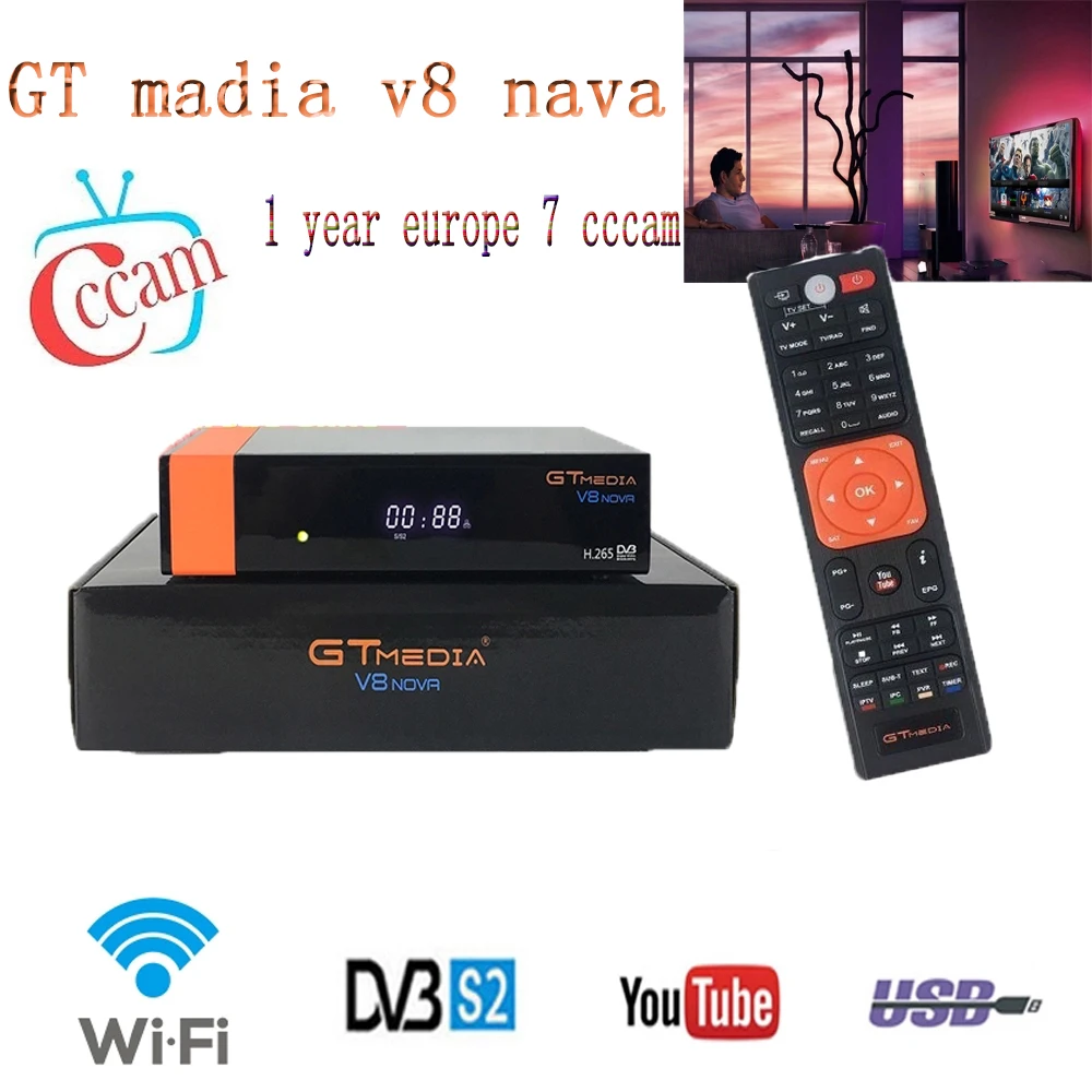 1 год бесплатно 7 линия cccam GTMedia V8 Nova спутниковый ресивер full HD 1080P DVB-S2 DC12V/1.5A USB2.0 64M флэш-память