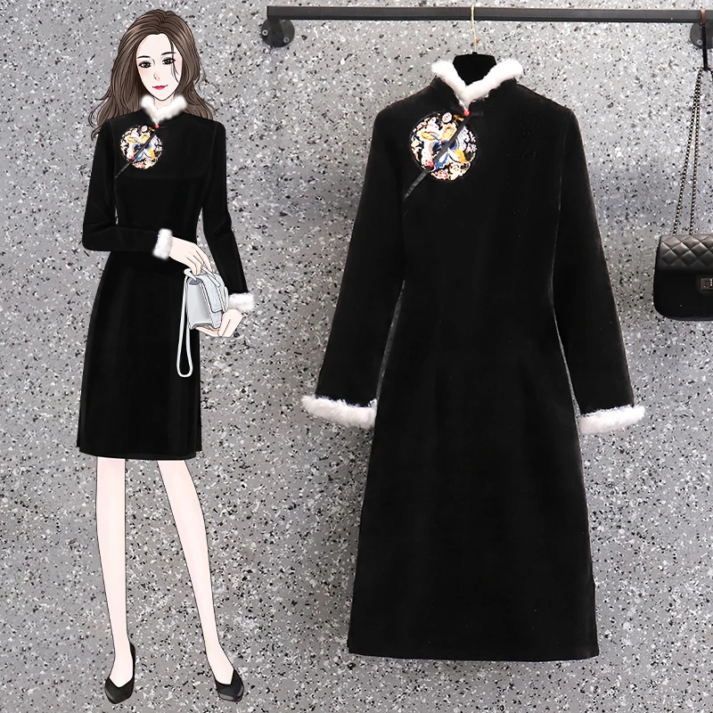 

EHQAXIN Women Improved Cheongsam Dress 2021 Autumn Winter Retro Black Printing Thickened Warm Dress Ethnic Style M-4XL