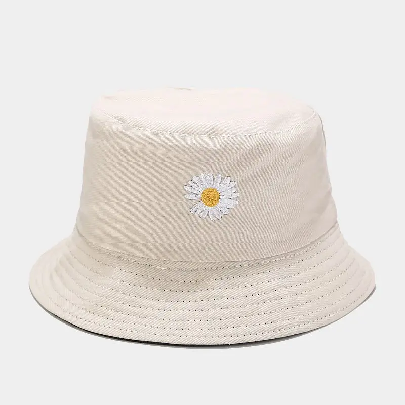 Reversible Summer Bucket Hats Flower Fishing Hat Cotton Women Hats Korea Style Yellow Beige White
