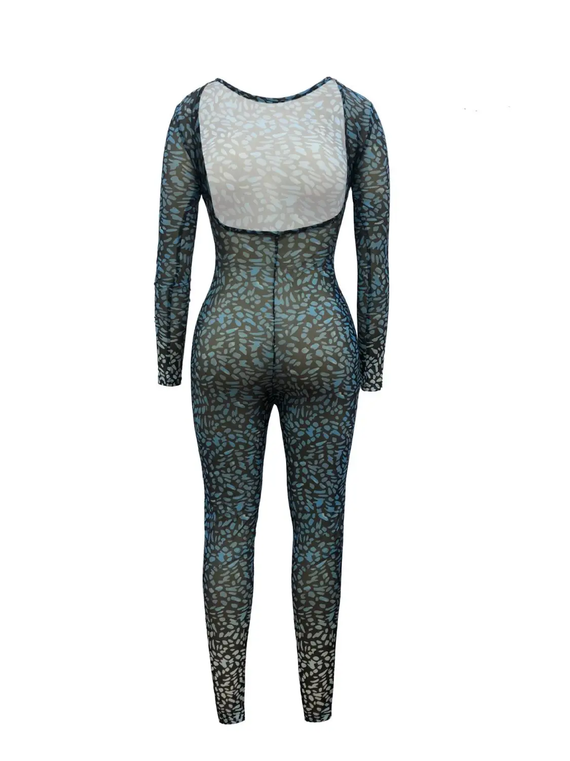 Bkld женские s новые синие печатные сетчатые прозрачные комбинезоны осень с длинным рукавом Bodycon боди для походов в клуб сексуальная открытая спина женщин Jumsuit