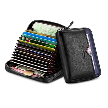 

NewBring Genuine Leather Function NFC Blocking 12 30Bits Business Card Holder Unisex Zipper Bank/ID/Credit Card Wallet Women Men