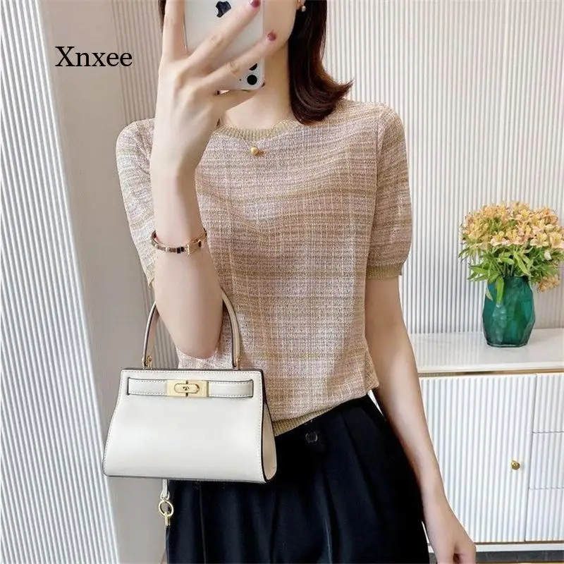 

Short Sleeve T-Shirt Fashion Striped Women Korean O-Neck Knitted Tops 2021 Summer Chic Knitwear Pullover Tee Womens Clothing