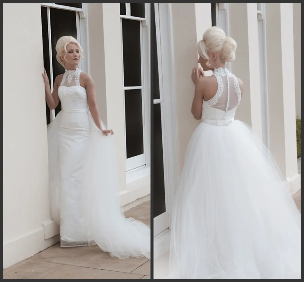 

vestido de festa longo ball gown 2016 hot seller high neck white sexy lace net floor length back handmade botton wedding dresses