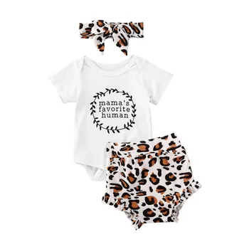 

0-18M Infant Baby Girls Boys Leopard Clothes Sets 3pcs Short Sleeve Letter White Romper Tops+Shorts+Headband