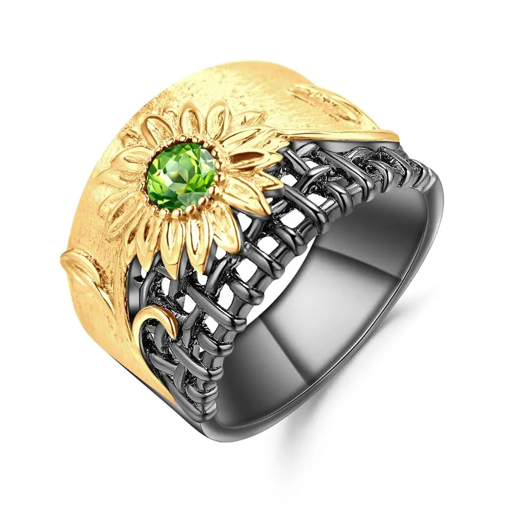 

GEM'S BALLET Natural Chrome Diopside Gemstones Jewelry 925 Sterling Silver Handmade Gold Chrysanthemum Rings for Women Wedding