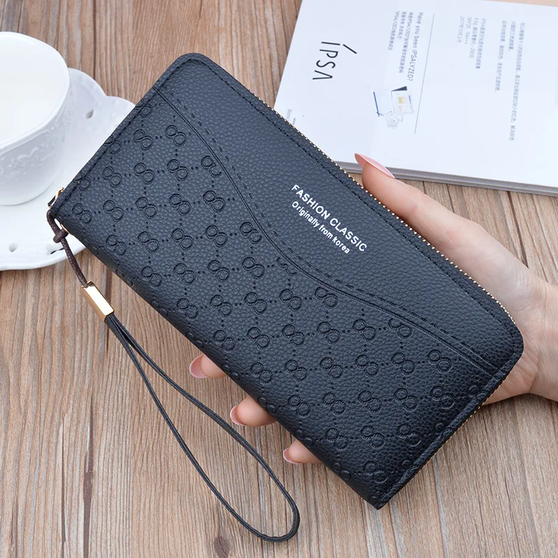 Women Long Wallet Wristband Female Many Departments Zipper Purse Checked Embossed Wallets Phone Pocket Card Holder Ladies Clutch