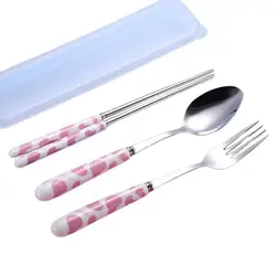 1 Set Children Tableware Cute Pattern Anti-rust Portable Spoon Fork Chopsticks Three-piece Set for Camping