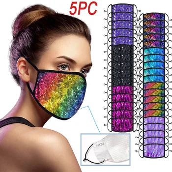 

5pcs Adjustable Bling Sequin Washable ReusableWindproof Anti-spitting Mask Face Mask Washable Mouth Mask Cloth Reuseable Face Mo