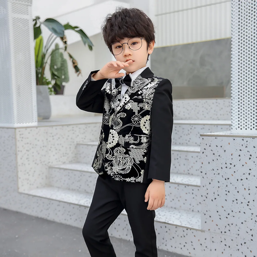 Flower Boys Wedding Dress Suit Set Autumn Children Embroidery Blazer Pants Shirts Bowtie Clothes Kids Host Party Costume