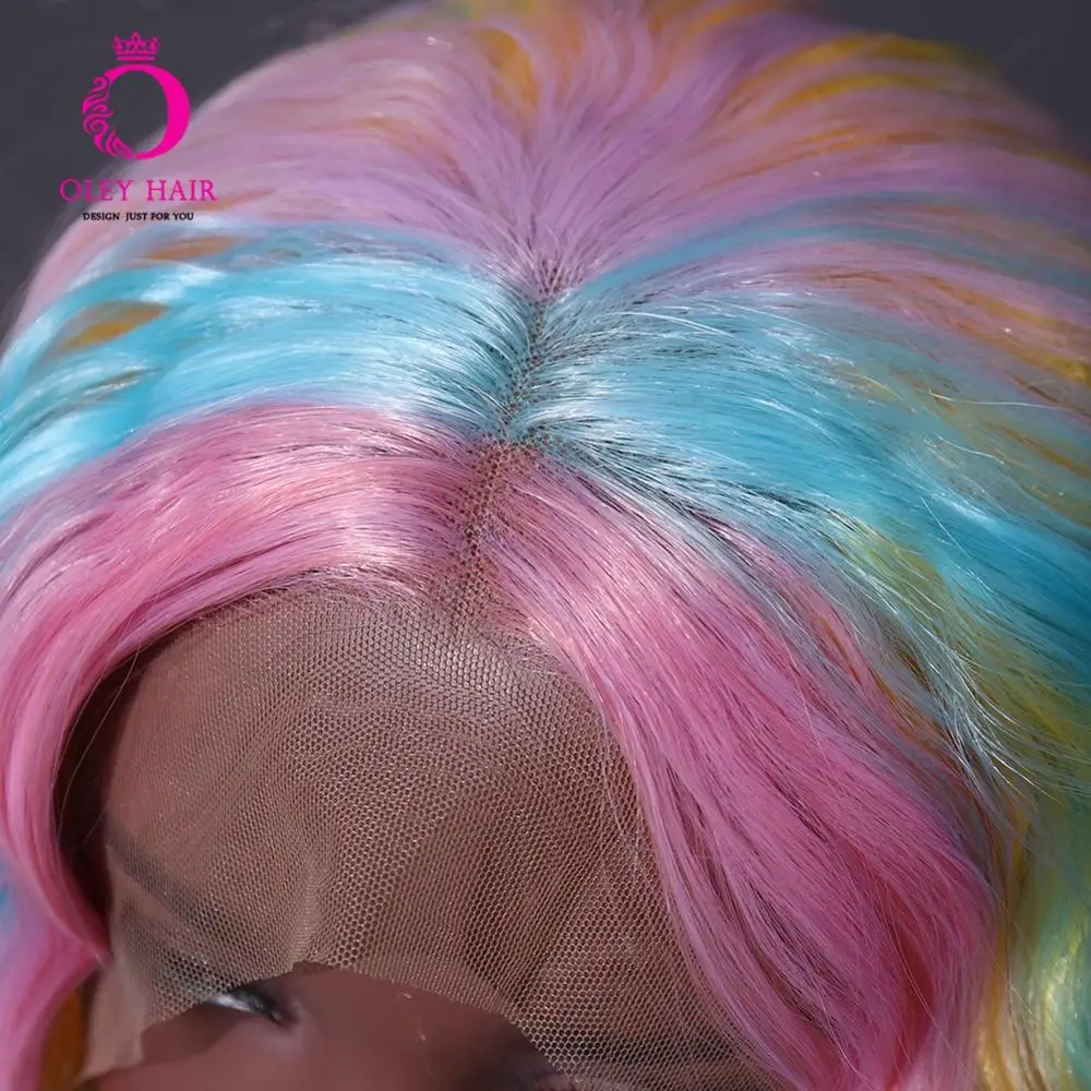 Оли термостойкие синтетические кружева спереди парик бесклеевой воды волна косплей парик цвета радуги средняя часть короткие парики для черных женщин