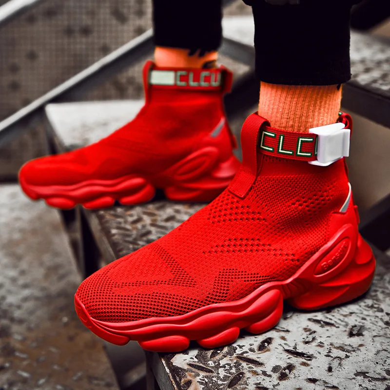 

Men's shoes fall Versatile Red high top shoes Leisure sports shoes Elastic sock shoes high-quality brand Breathable Lace-Up