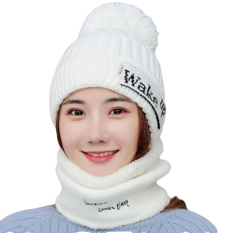 Hat scarf white Новая брендовая Зимняя Вязаная Шапка-бини, Женская Толстая теплая шапка куполообразная шапка, женские шапки-бини с буквами, уличные наборы для езды на велосипеде, нагрудник - Color: Hat scarf white