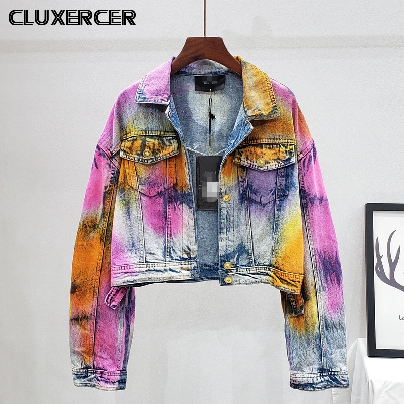 

Harajuku Loose Hand Painted Short Denim Jacket Women Autumn Streetwear Korean Casual Printed Jeans Coat Top