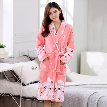 

Cute Pink Women Flannel Sleepwear Casual Soft Robe Kimono Gown Thick Coral Fleece Nightwear Nightgown Winter Warm Home Clothes