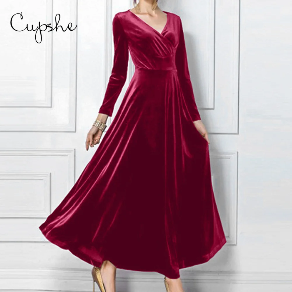 Cheap CUPSHE Women Vintage Velvet Maxi Dress 2019 Evening Party Club Solid Color Sundresss Long Sleeve Vestido