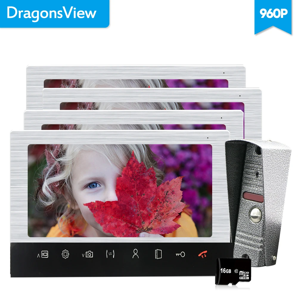 Dragonsview 10" 960P Video Doorbell Monitor Video Intercom System 4 Monitors 1 Doorbell Camera Alarm sensor Recording Motion