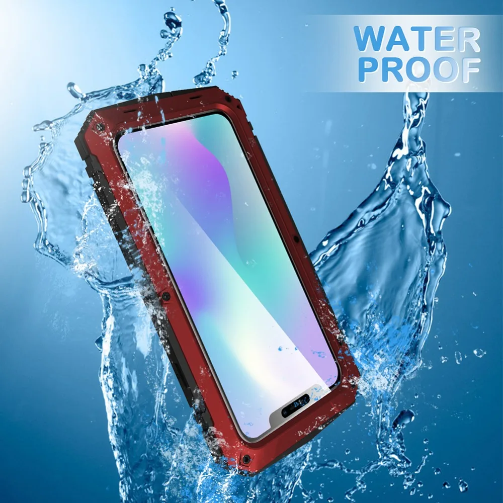 For iPhone 11 Pro Max XS XR XS Max X Metal Aluminum Armor Shockproof Heavy Duty Waterproof Case protective Cover+Tempered glass (15)
