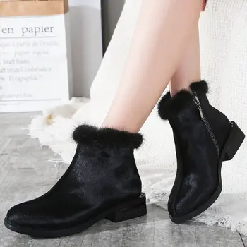 

Leather Horse Hair Short Boots Women's Leopard Martin Boots 2019 Autumn and Winter New Plus Velvet Woman Ankle Boots 988-883