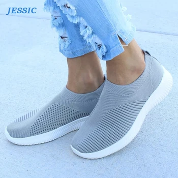 

JESSIC Women shoes Knitting Breathable Casual Sneakers Stretch Flat Ladies Slip Shoes Female Leisure Flat Fashion Espadrilles