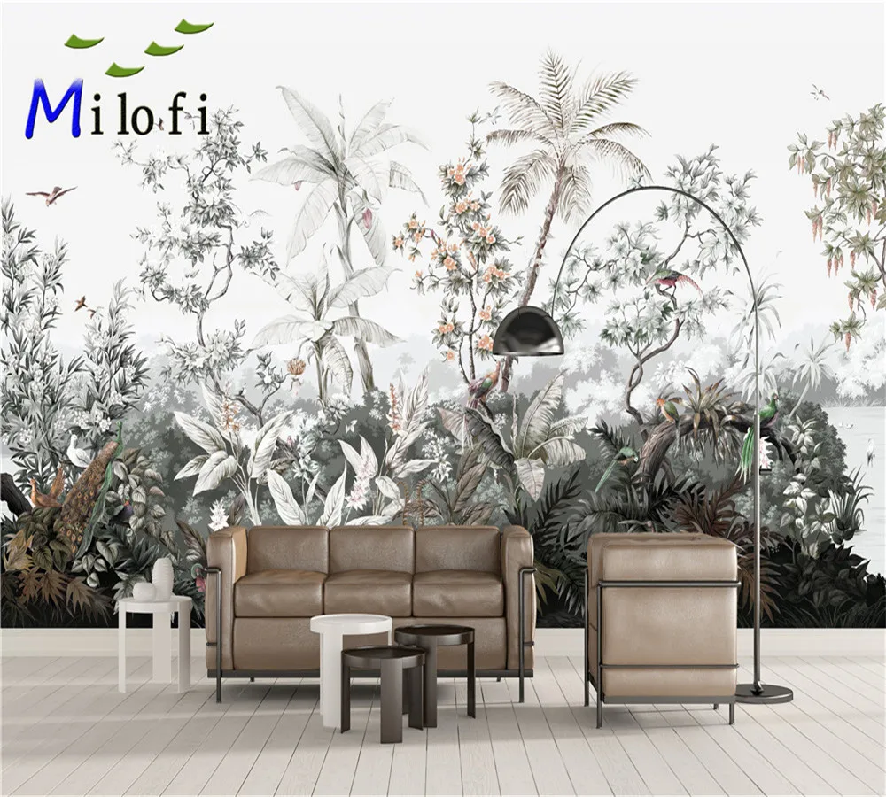 

Milofi customized 3D wallpaper hand-painted medieval mural tropical forest rain plant coconut tree TV decorative painting