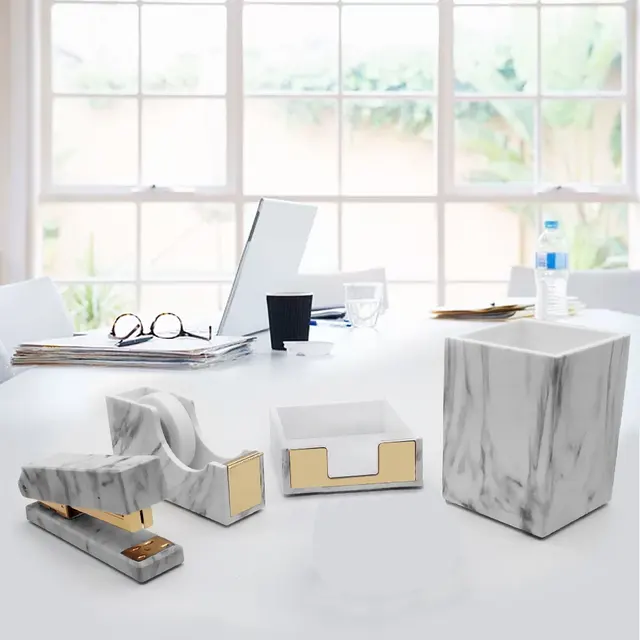 Office School Desk Decor Accessories Marble White Office Supplies Set Gold  Marble Stapler And Tape Dispenser Set - AliExpress