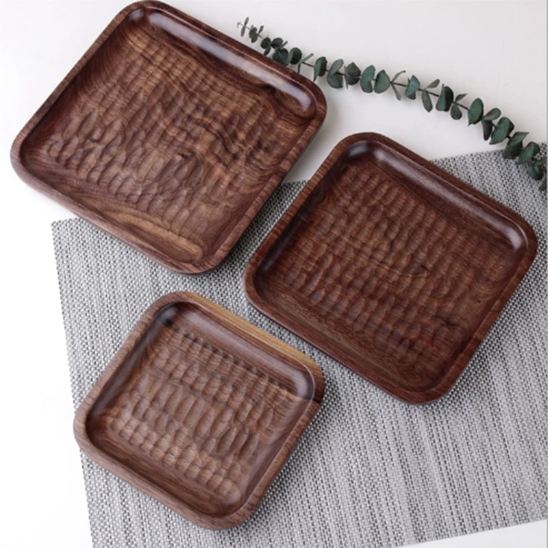 

3Pcs Japanese Black Walnut Wood Tray Dinner Plate Disc Coffee Tea Tray Fruit Bread Food Dessert Tea Breakfast Plate Square Table