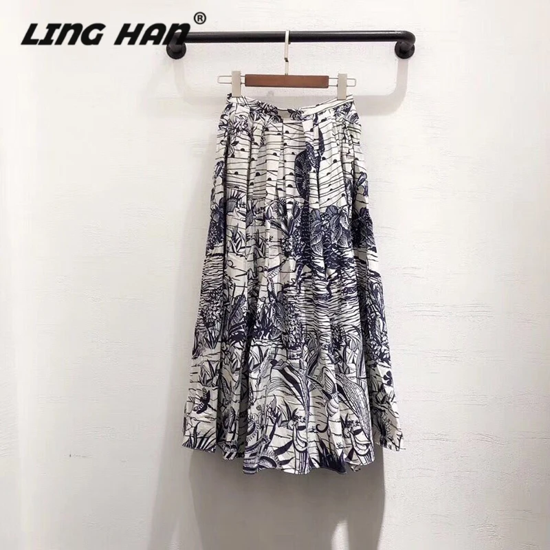 

LINGHAN spring sketch pattern printing half-length Long skirt pleated skirt high waist A word cotton skirt quality half skirt