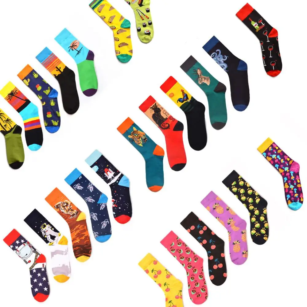 Sanzetti brand 2020 men socks new bright colorful space animal novelty pattern causal dress socks funny gift happy wedding socks