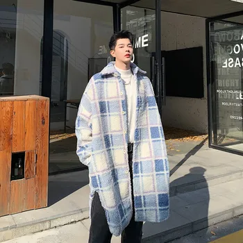

Winter New Lamb Fur Trench Coat Men's Fashion Retro Casual Plaid Coat Man Streetwear Wild Loose Long Jacket Male Overcoat