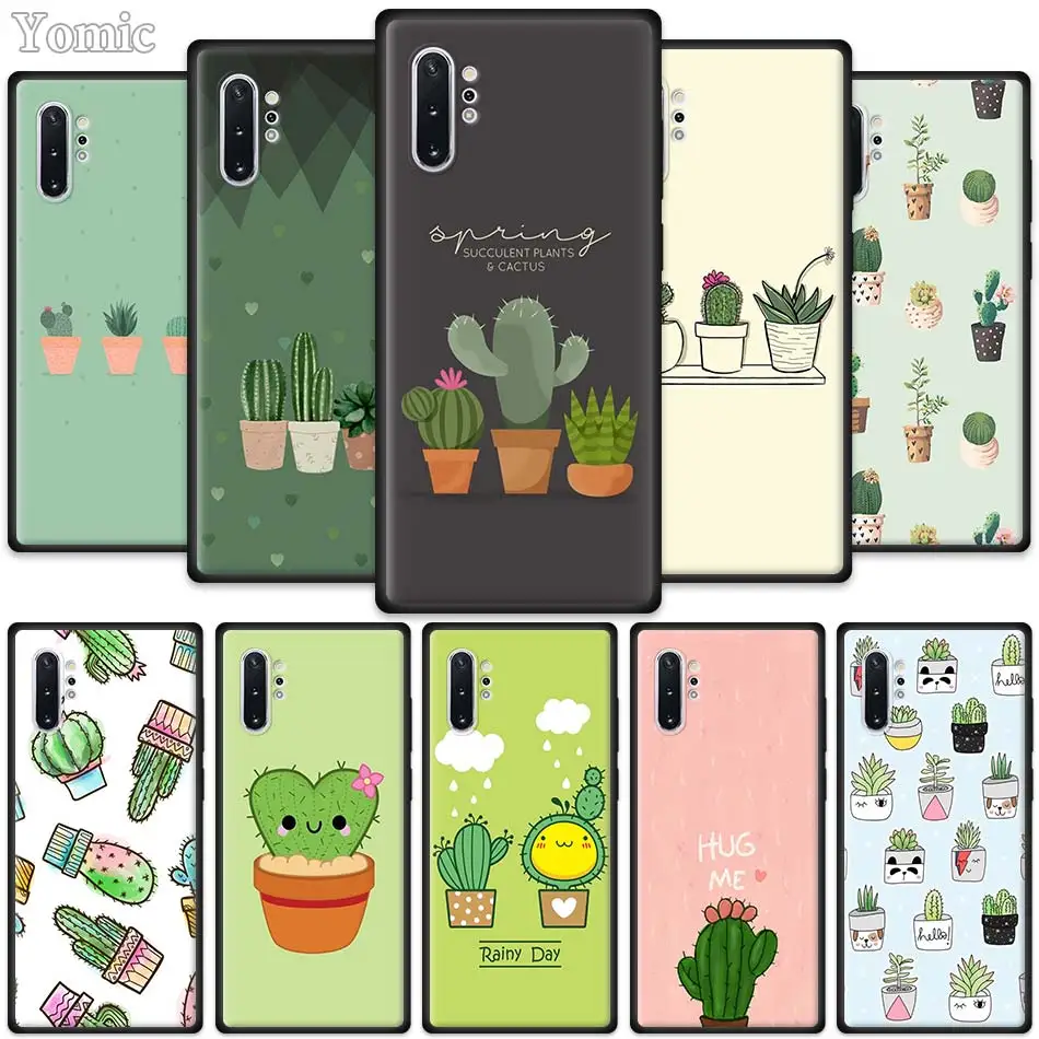 

Cute Green Cactus Potted Plant Case for Samsung Galaxy Note 10 5G M40 M30 M20 S10 Plus A50 A70 Black Silicone Phone Cover
