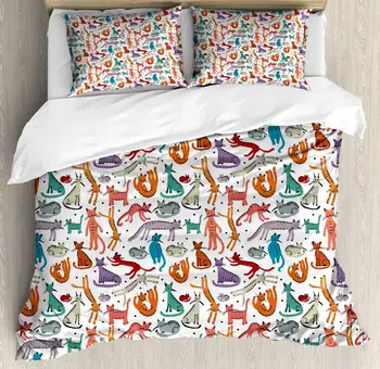 

Cats Duvet Cover Set Cheerful Sketch Art of Kittens in Pastel Colors and Different Positions Kids Animals Decorative 3 Piece Bed