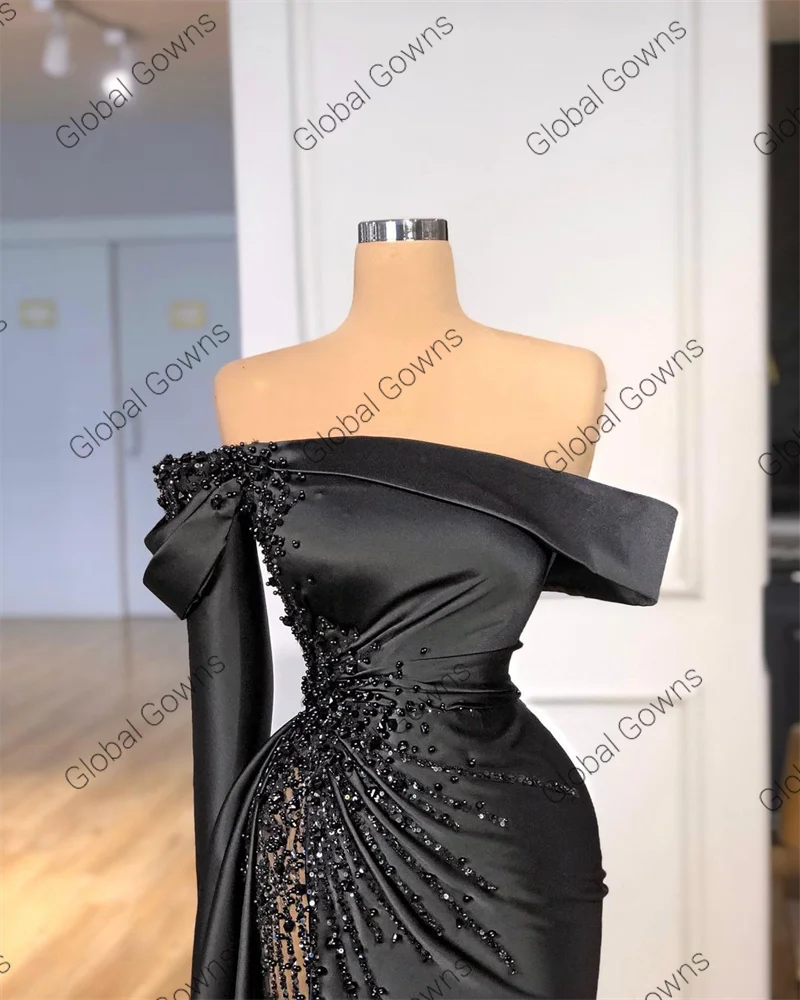 plus size evening gowns 2022 Dubai Black Beaded Evening Party Dress African High Slit Strapless Birthday Arabic Gowns Robe De Soirée Femme petite formal dresses